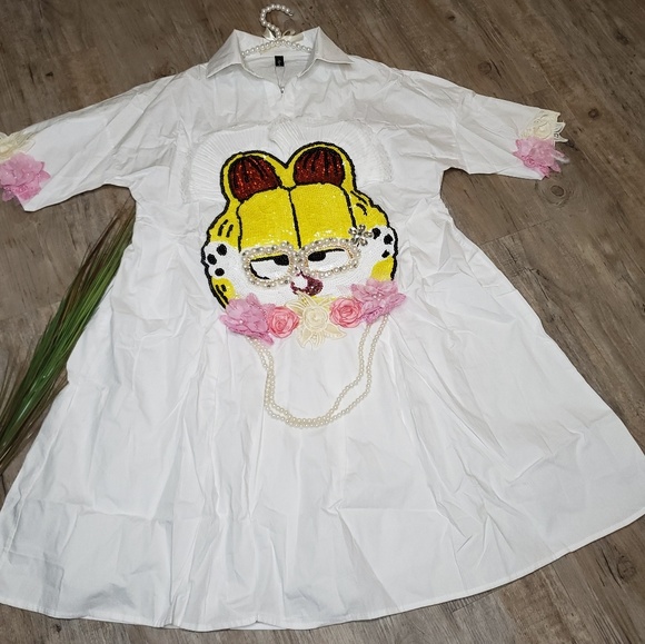 NWT Oversized Streetwear Shirt Dress Cat Design - Picture 2 of 6